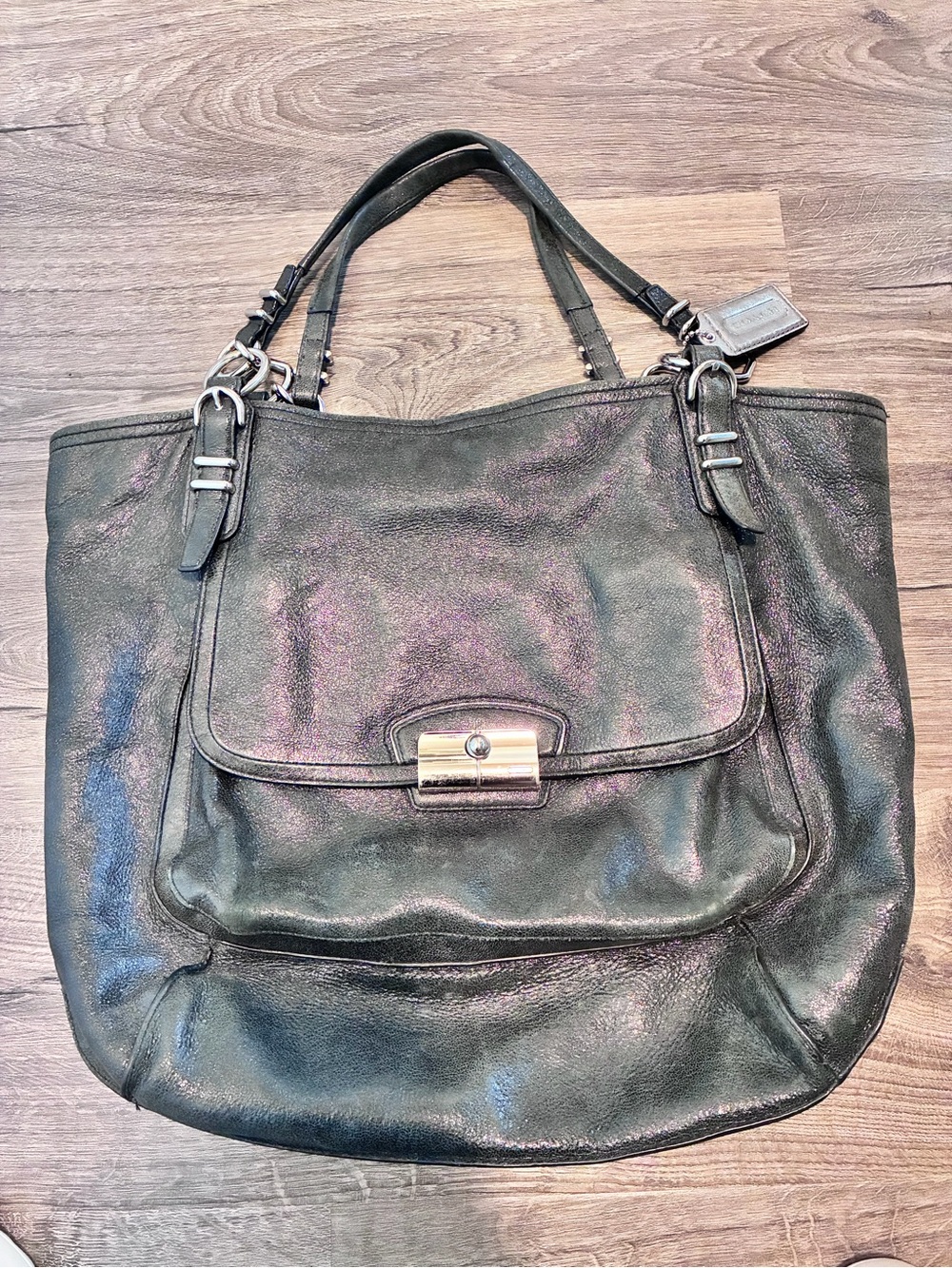 Coach Black Shimmer Leather Tote with Front Turn-Lock